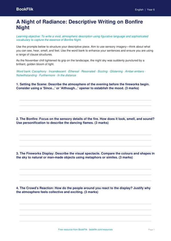 Free Bonfire Night Writing Frame | Year 6 | English | BookFlik worksheet preview — English Bonfire Night