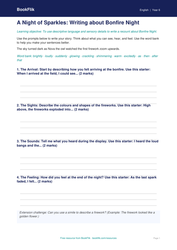 Free Bonfire Night Writing Frame | Year 6 | English | BookFlik