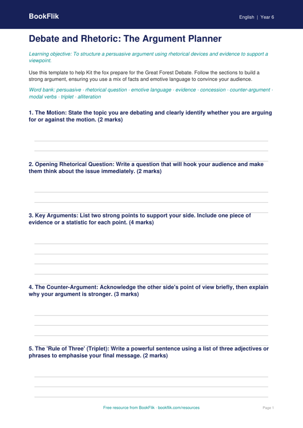 Free Debate And Rhetoric Template | Year 6 | English | BookFlik worksheet preview — English Debate And Rhetoric