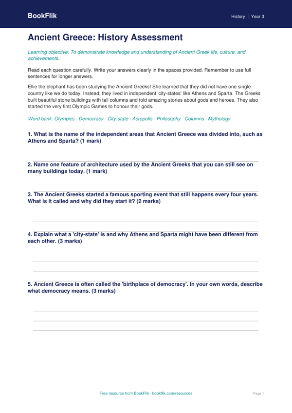 Free Ancient Greece Assessment | Year 3 | History | BookFlik worksheet preview — History Ancient Greece