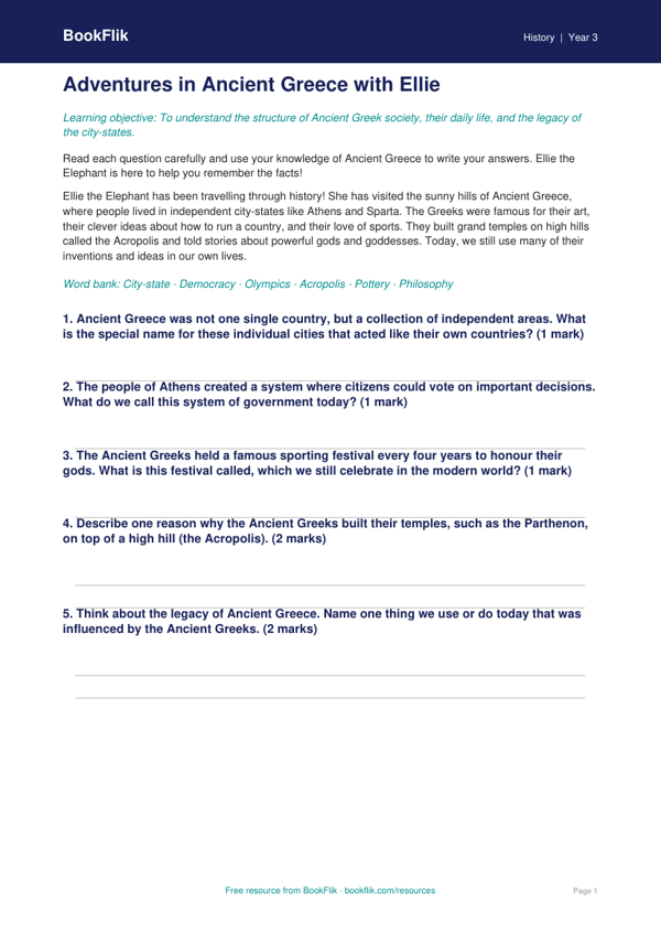 Free Ancient Greece Worksheet | Year 3 | History | BookFlik worksheet preview — History Ancient Greece