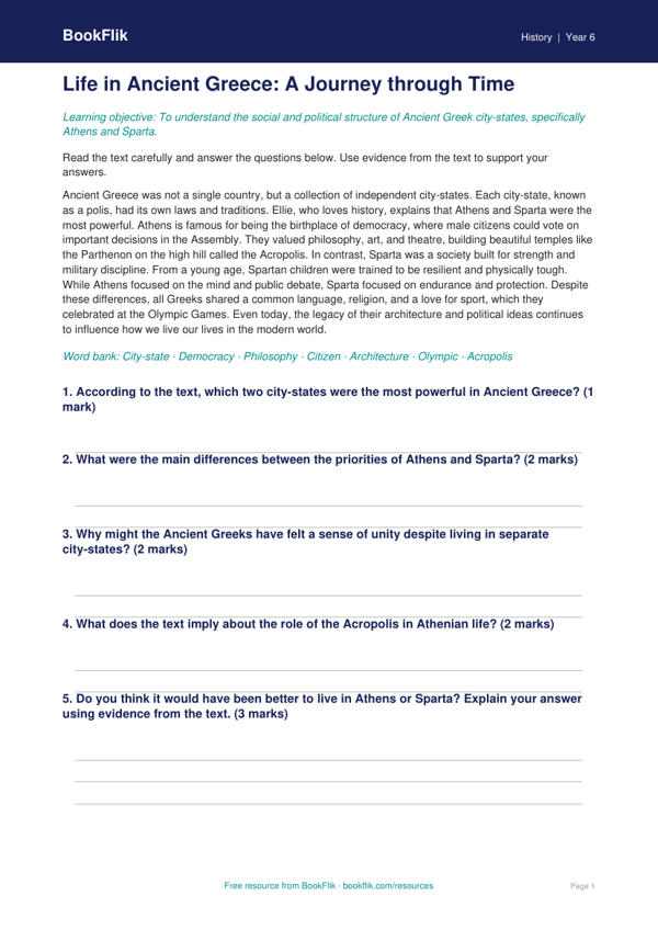 Free Ancient Greece Comprehension | Year 6 | History | BookFlik