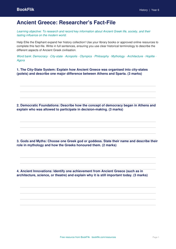 Free Ancient Greece Template | Year 6 | History | BookFlik