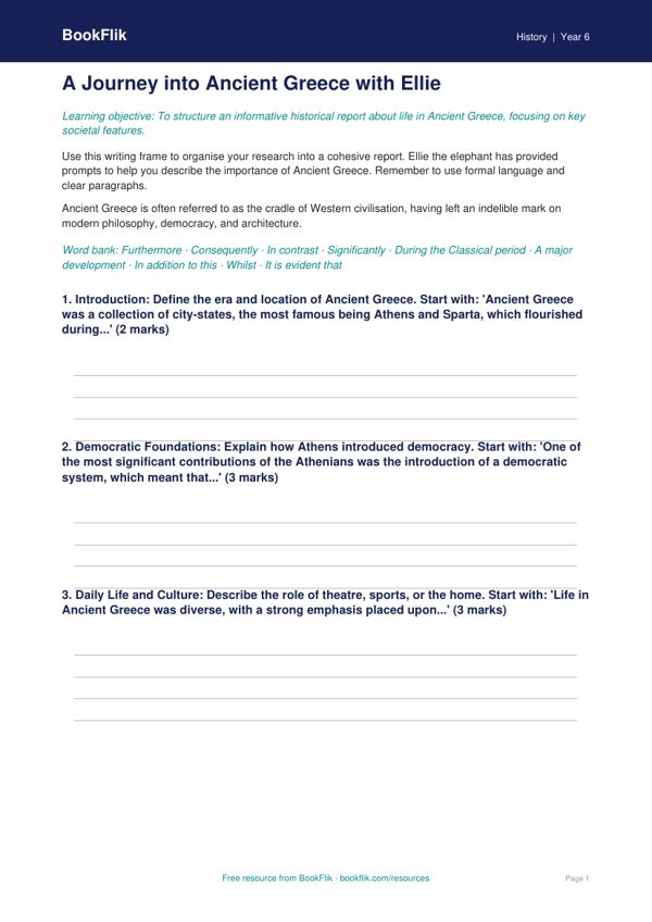 Free Ancient Greece Writing Frame | Year 6 | History | BookFlik