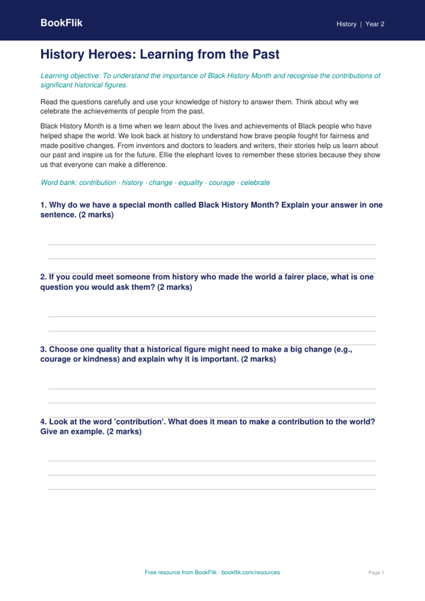 Free Black History Month Worksheet | Year 2 | History | BookFlik worksheet preview — History Black History Month