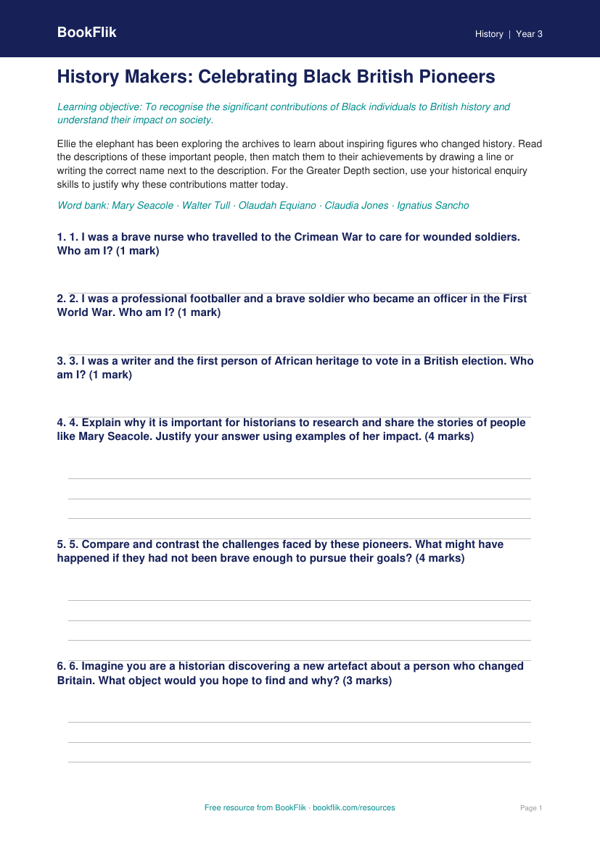 Black History Month Activity Sheet | Year 3 History | BookFlik worksheet preview — History Black History Month