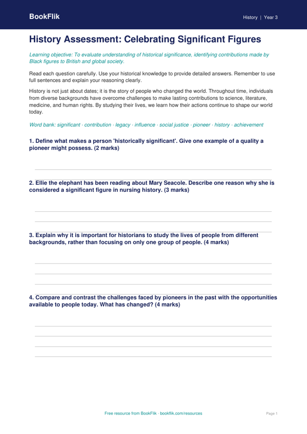 Black History Month Assessment | Year 3 History | BookFlik worksheet preview — History Black History Month
