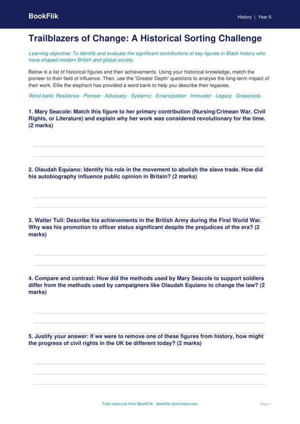Black History Month Activity Sheet | Year 6 History | BookFlik worksheet preview — History Black History Month