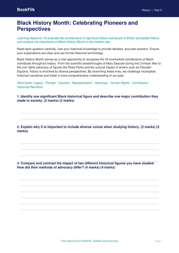 Free Black History Month Assessment | Year 6 | History | BookFlik worksheet preview — History Black History Month