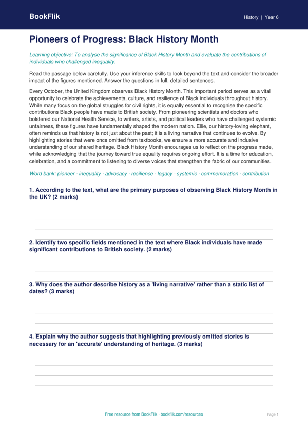 Black History Month Comprehension Year 6 | Australian Curriculum History worksheet preview — History Black History Month
