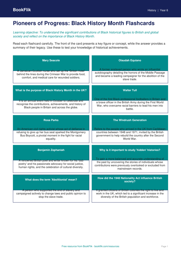 Black History Month Flashcards for Year 6 | Australian Curriculum History worksheet preview — History Black History Month
