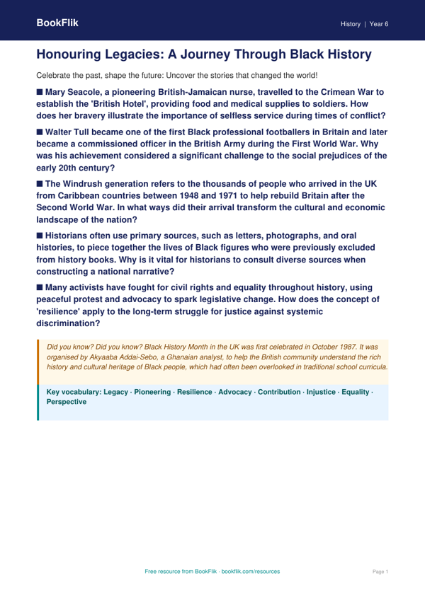 Black History Month Classroom Resource | Year 6 History | BookFlik worksheet preview — History Black History Month