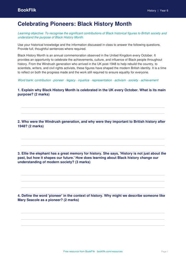 Black History Month Worksheet Year 6 | Australian Curriculum History worksheet preview — History Black History Month