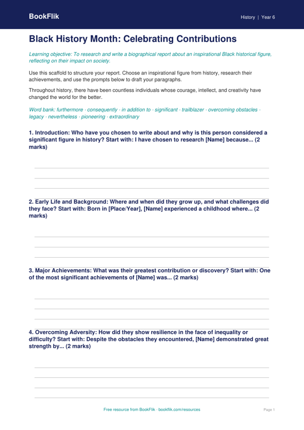 Black History Month Writing Frame | Year 6 History | Australian Curriculum