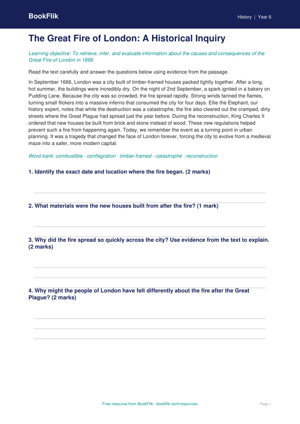 Great Fire of London Comprehension | Year 6 History | BookFlik