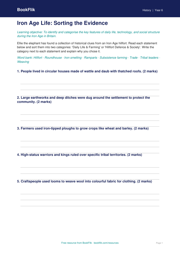 Free Iron Age Activity Sheet | Year 6 | History | BookFlik