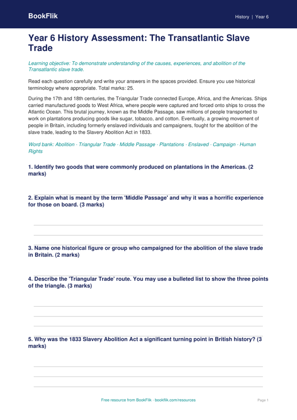 Free Slavery Assessment | Year 6 | History | BookFlik worksheet preview — History Slavery