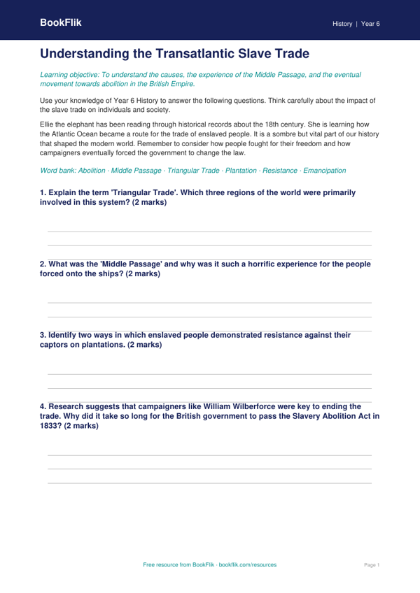 Free Slavery Worksheet | Year 6 History | Australian Curriculum