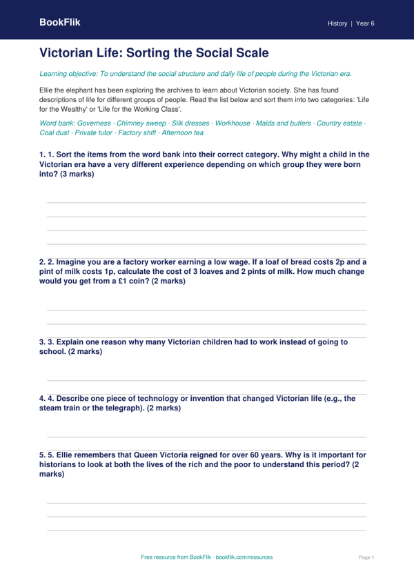 Free Victorians Activity Sheet | Year 6 | History | BookFlik