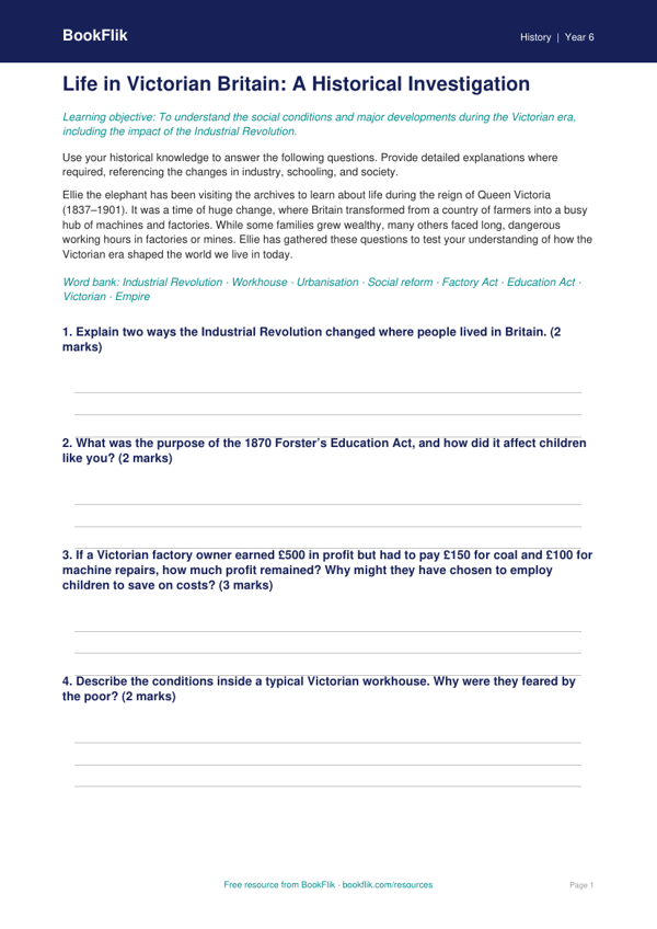 Free Victorians Worksheet | Year 6 | History | BookFlik worksheet preview — History Victorians