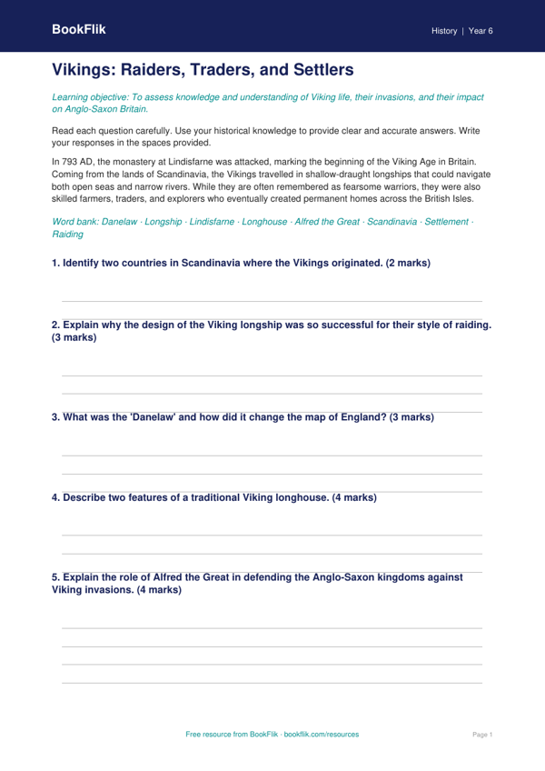 Free Vikings Assessment | Year 6 | History | BookFlik worksheet preview — History Vikings