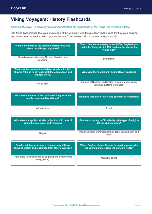 Free Vikings Flashcards | Year 6 History | BookFlik worksheet preview — History Vikings