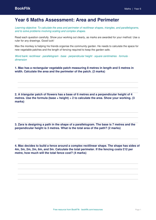 Free Area And Perimeter Assessment | Year 6 | Maths | BookFlik