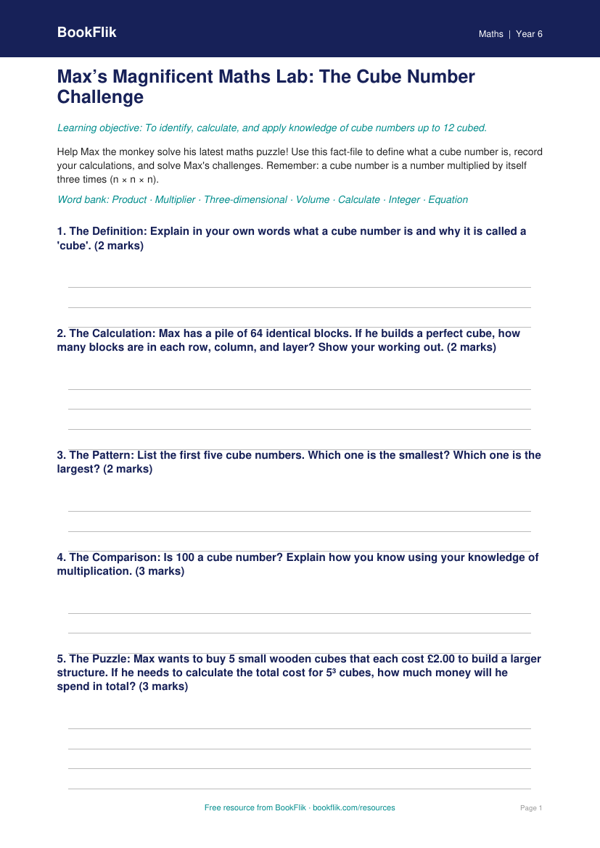 Free Cube Numbers Template | Year 6 | Maths | BookFlik | Free ...