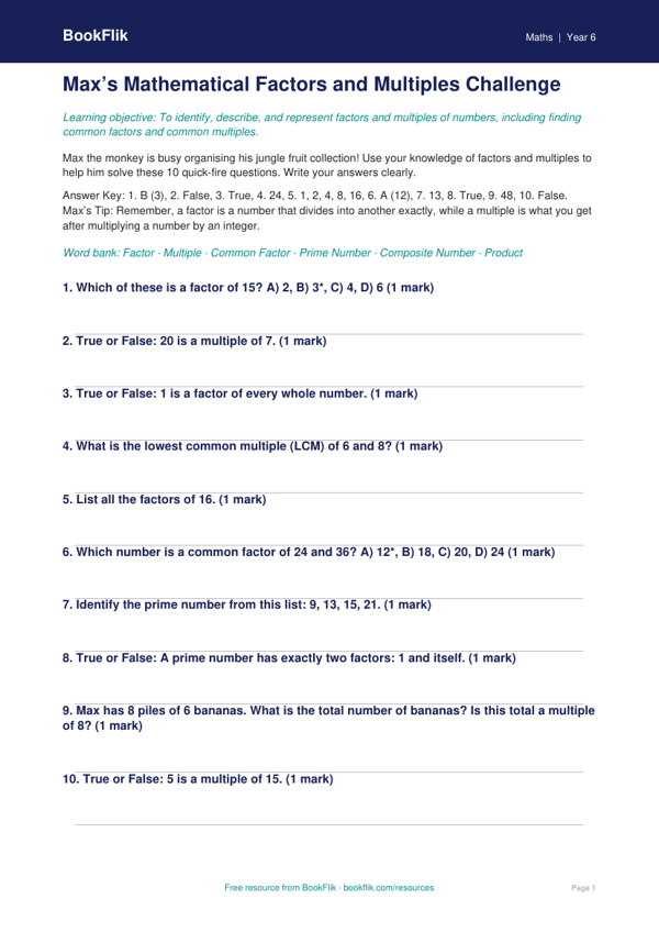 Free Factors And Multiples Quiz | Year 6 | Maths | BookFlik worksheet preview — Maths Factors And Multiples