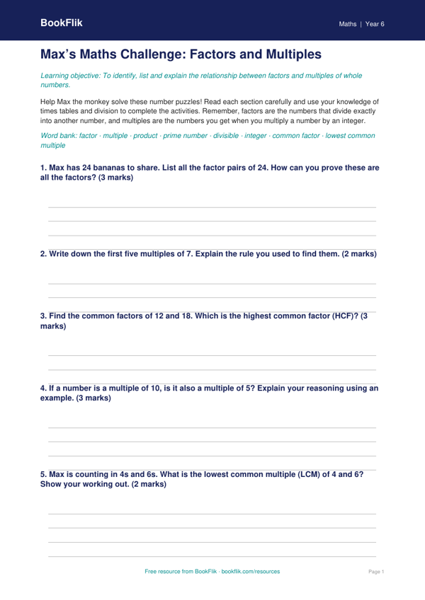 Free Factors And Multiples Template | Year 6 | Maths | BookFlik