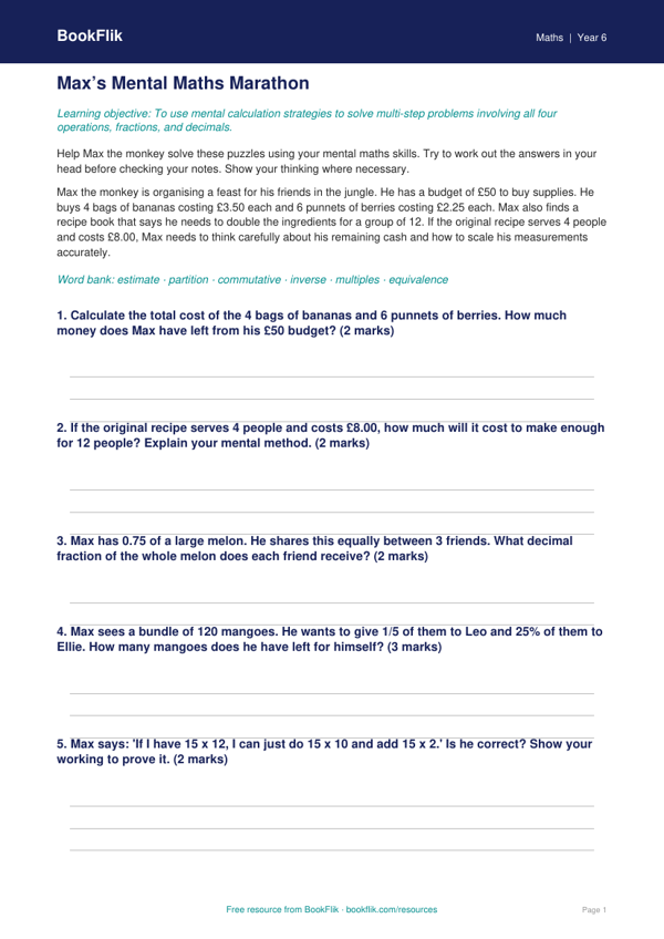 Free Mental Maths Track Sheet | Year 6 | Maths | BookFlik worksheet preview — Maths Mental Maths