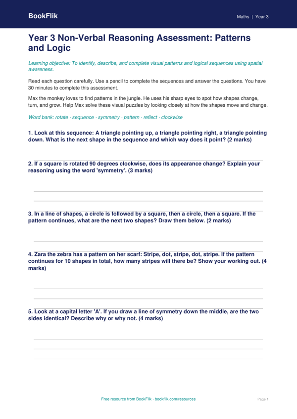 Non Verbal Reasoning Assessment Year 3 | Maths | BookFlik worksheet preview — Maths Non Verbal Reasoning