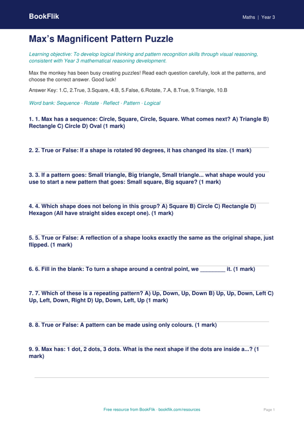 Free Non Verbal Reasoning Quiz | Year 3 | Maths | BookFlik worksheet preview — Maths Non Verbal Reasoning