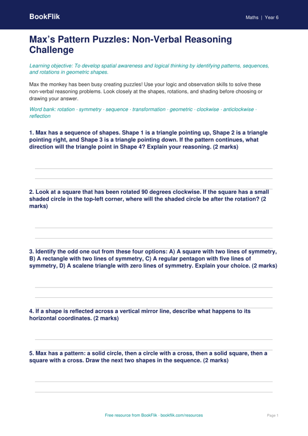 Free Non Verbal Reasoning Worksheet | Year 6 | Maths | BookFlik worksheet preview — Maths Non Verbal Reasoning