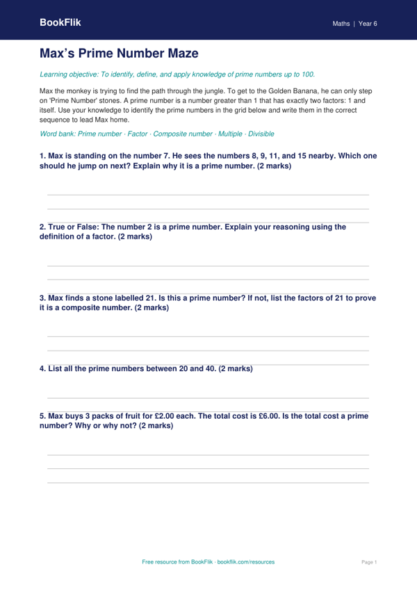 Free Prime Numbers Activity Sheet | Year 6 | Maths | BookFlik worksheet preview — Maths Prime Numbers