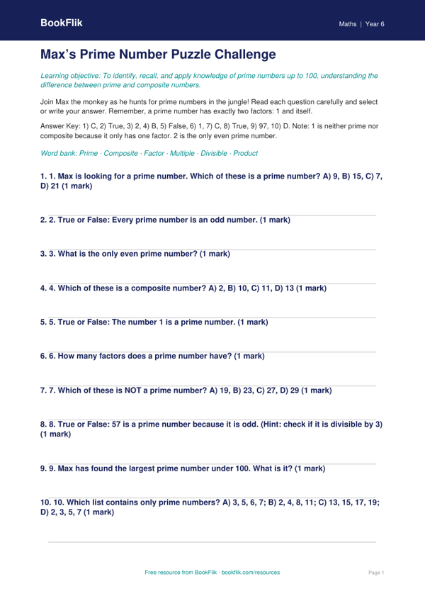 Prime Numbers Quiz Year 6 | Maths Worksheet | BookFlik worksheet preview — Maths Prime Numbers