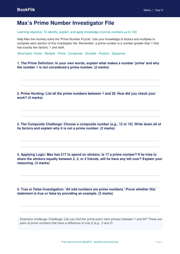 Free Prime Numbers Template | Year 6 Maths | BookFlik worksheet preview — Maths Prime Numbers