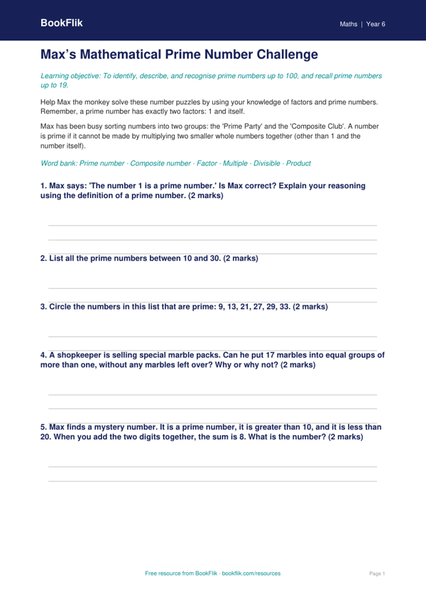 Free Prime Numbers Worksheet | Year 6 | Maths | BookFlik worksheet preview — Maths Prime Numbers