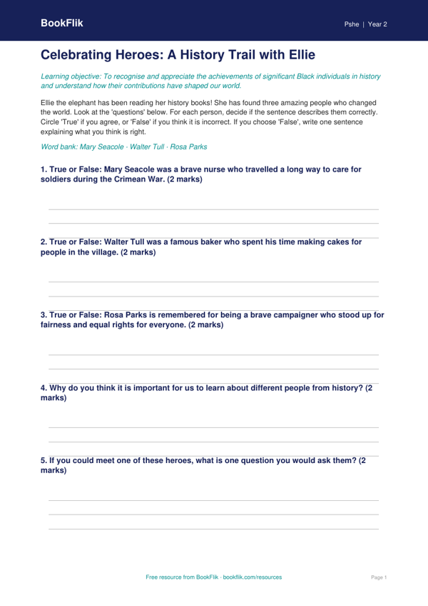 Free Black History Month Activity Sheet | Year 2 | HASS / Personal Development | BookFlik worksheet preview — Pshe Black History Month