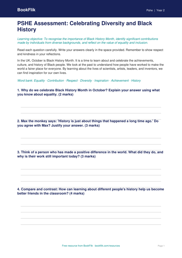 Free Black History Month Assessment | Year 2 | HASS / Personal Development | BookFlik worksheet preview — Pshe Black History Month