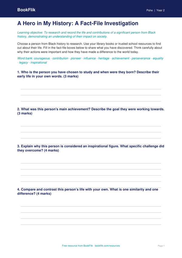 Free Black History Month Template | Year 2 | HASS / Personal Development | BookFlik worksheet preview — Pshe Black History Month