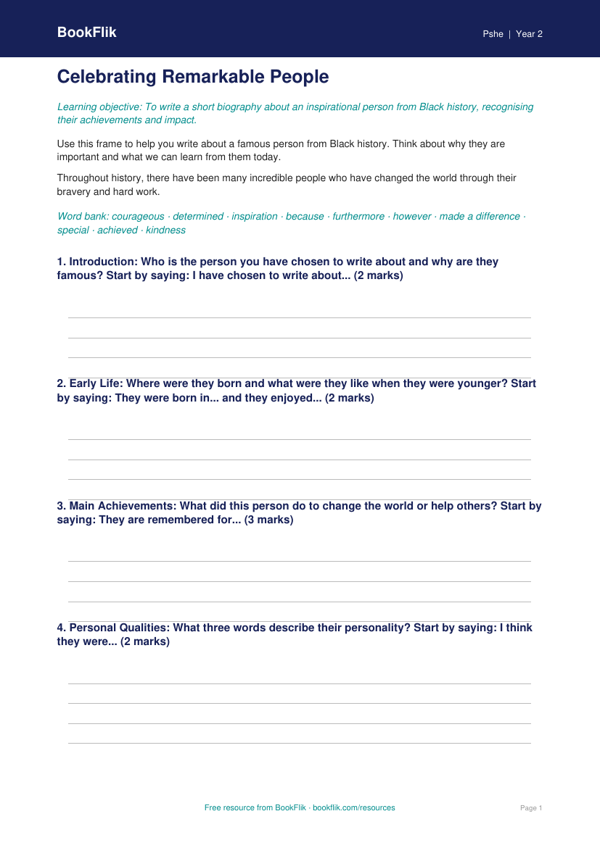 Free Black History Month Writing Frame | Year 2 | HASS / Personal Development | BookFlik worksheet preview — Pshe Black History Month