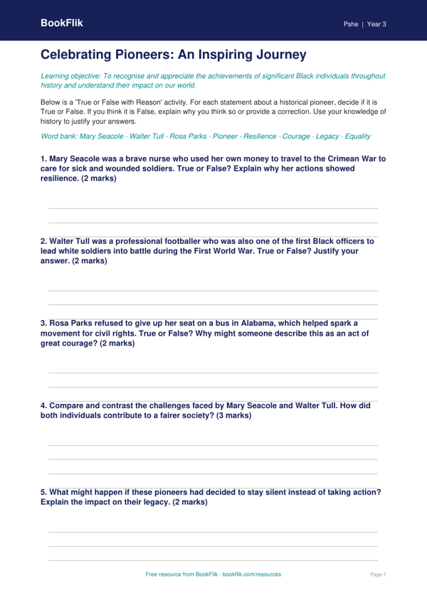 Black History Month Activity Sheet | Year 3 HASS | BookFlik worksheet preview — Pshe Black History Month