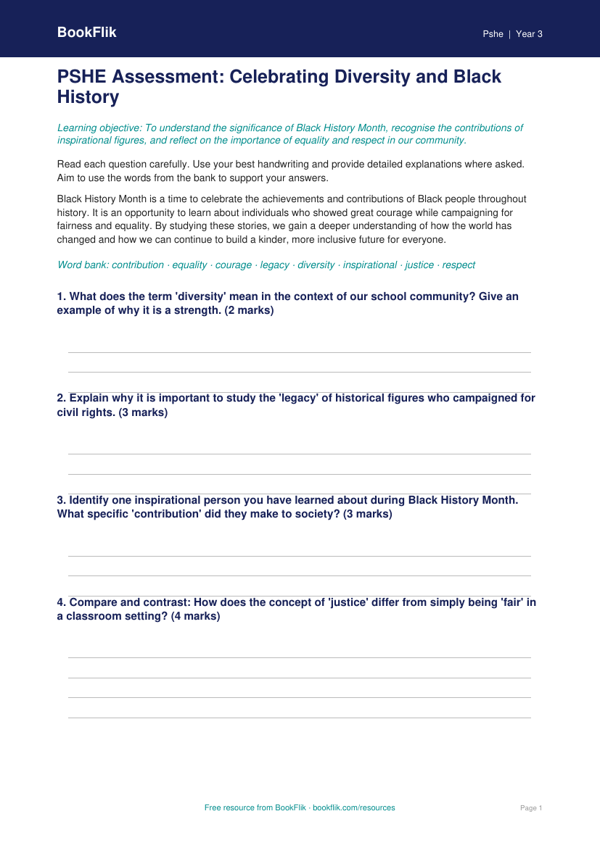 Black History Month Assessment Year 3 | HASS Resources | BookFlik worksheet preview — Pshe Black History Month