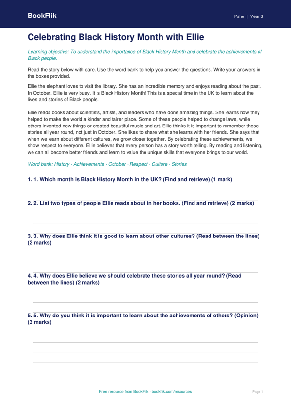 Free Black History Month Comprehension | Year 3 | HASS / Personal Development | BookFlik worksheet preview — Pshe Black History Month