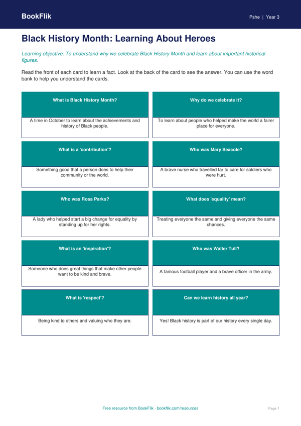 Black History Month Flashcards for Year 3 | Free HASS Resource worksheet preview — Pshe Black History Month