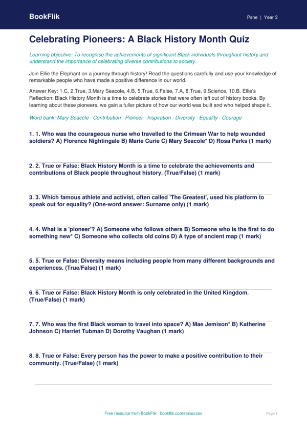 Black History Month Quiz for Year 3 | HASS Resources | BookFlik worksheet preview — Pshe Black History Month