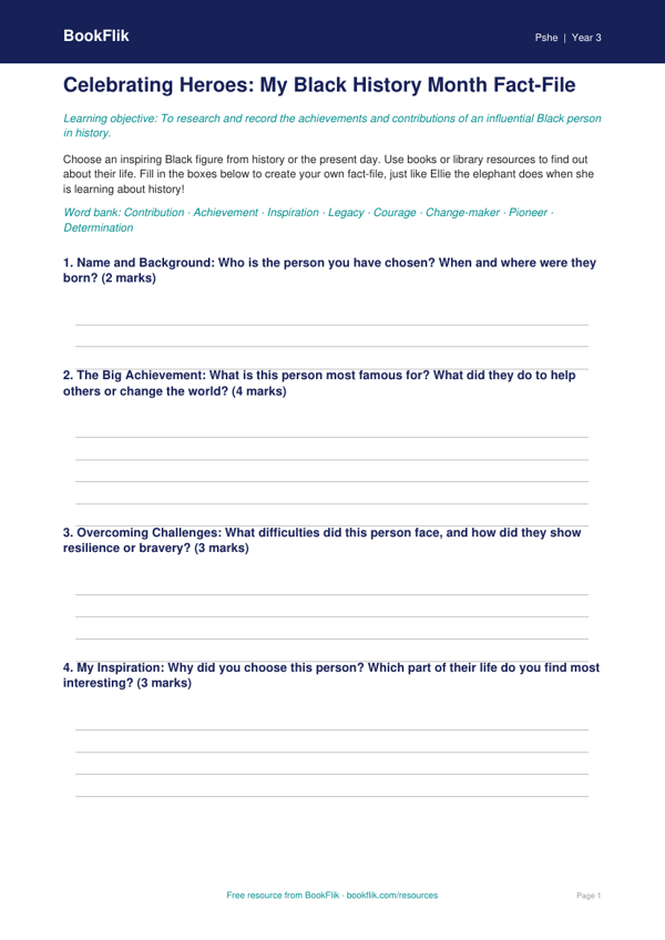 Black History Month Template for Year 3 | Australian Curriculum HASS worksheet preview — Pshe Black History Month