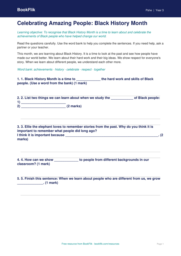 Free Black History Month Worksheet | Year 3 | HASS / Personal Development | BookFlik worksheet preview — Pshe Black History Month