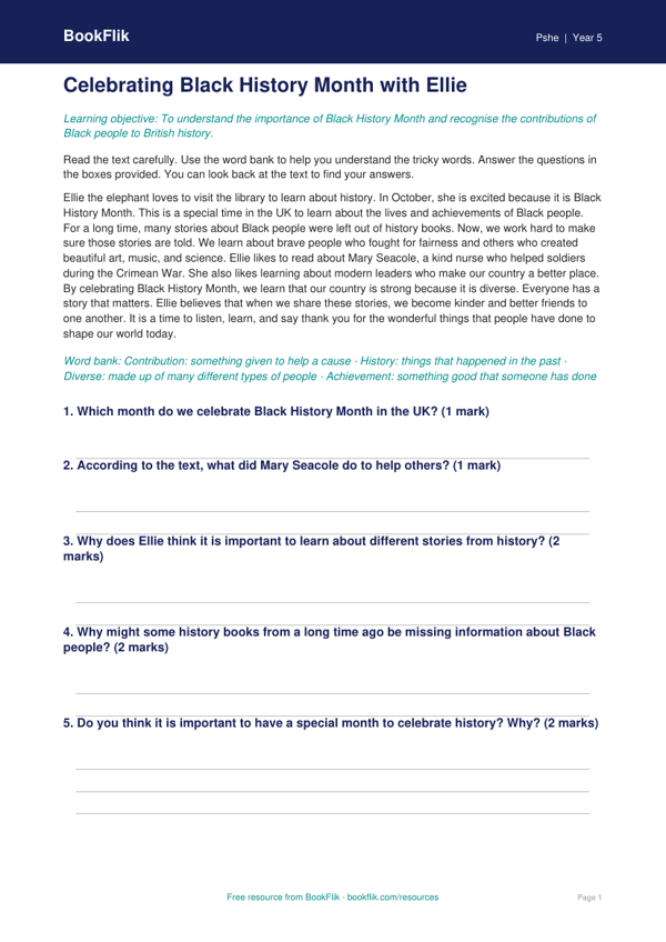 Free Black History Month Comprehension | Year 5 | HASS / Personal Development | BookFlik worksheet preview — Pshe Black History Month